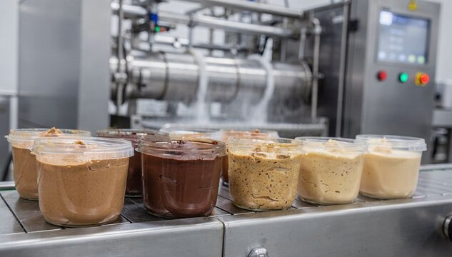 Medium shot of flavored nut spreads in sealed containers being treated with highpressure technology to preserve natural taste and nutritional value.