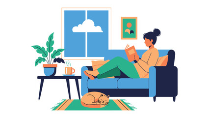 Fototapeta premium Woman reading a book on a couch with a cat sleeping nearby