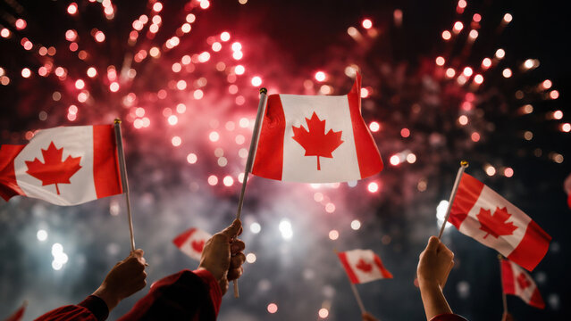 Canada independence day. City landscape with fireworks illustration generated by ai
