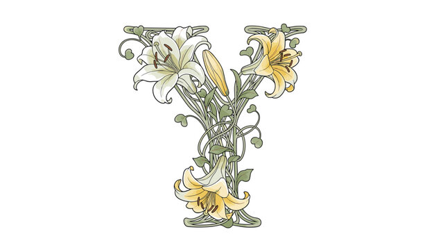 Art Nouveau Letter Y Monogram with Lilies and Swirling Vines