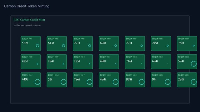 Carbon credit token minting dashboard interface for esg sustainability and blockchain finance carbon credits