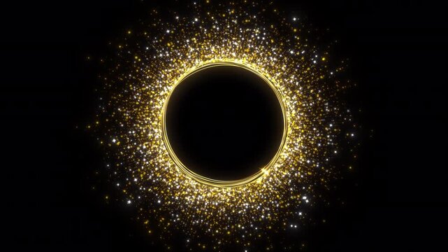 Sparkling golden particle burst around circle frame on transparent alpha channel background, rich glow effect