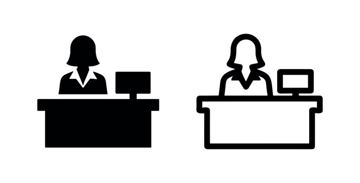 Female receptionist or secretary icon, woman working at office desk with computer