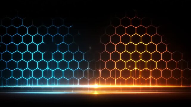 Abstract honeycomb pattern with blue and orange light effects