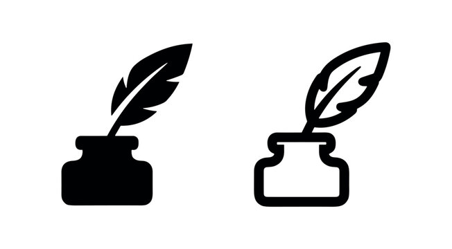 Quill Pen and Inkwell Icon Set. Old Fashioned Writing Tool.