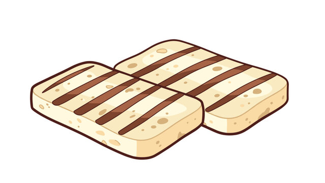Two grilled halloumi cheese slices with dark brown grill marks