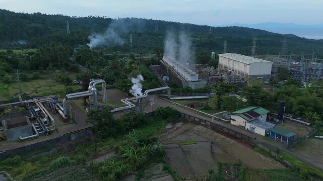 Aerial view of Tiwi Geothermal Power Plant Renewable Energy Facility in Albay Philippines. Ideal for clean energy and geothermal technology concepts