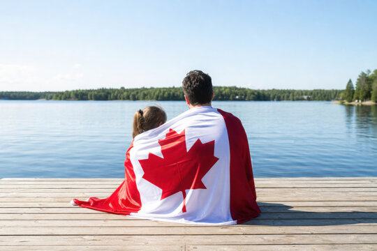 Father and daughter wrapped in large Canadian flag sitting on wooden dock by lake. Canada Day celebration outdoor. Dad and child sitting together on 1 of July celebrating national Canada Day.