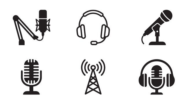 Microphone and Headset Icons for Podcast and Radio Broadcasting Concepts isolated on a transparent background