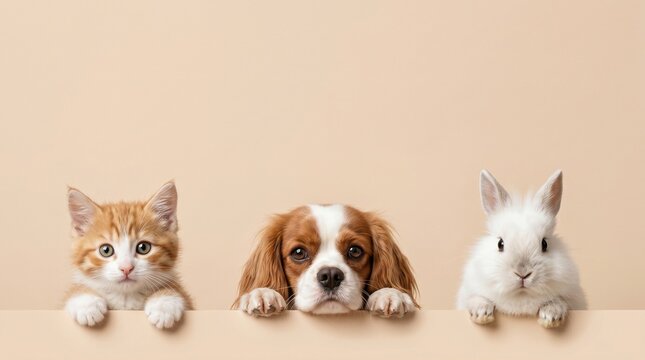 A kitten, small dog, and fluffy rabbit peek over the bottom edge of a pastel beige banner background. The clean composition provides copy space for pet care, adoption, or veterinary concepts.