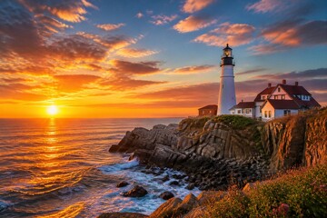 Fototapeta premium Lighthouse standing on rocky coastline at sunset over ocean