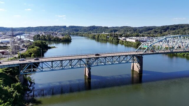 Aerial View of Patrick Street Bridge Over Kanawha River with Blaine Island in South Charleston, West Virginia