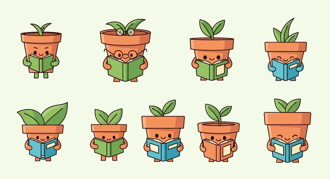 Collection of cute anthropomorphic bonsai trees with various emotions and flags.