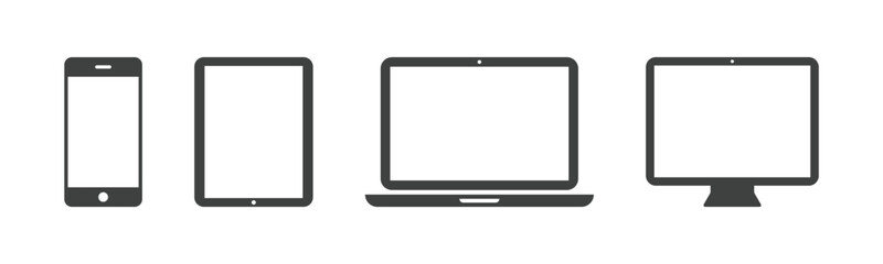 Responsive device icon set featuring smartphone, tablet, laptop, and desktop computer for web design and digital technology use. © IconVault