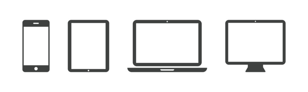 Responsive device icon set featuring smartphone, tablet, laptop, and desktop computer for web design and digital technology use.