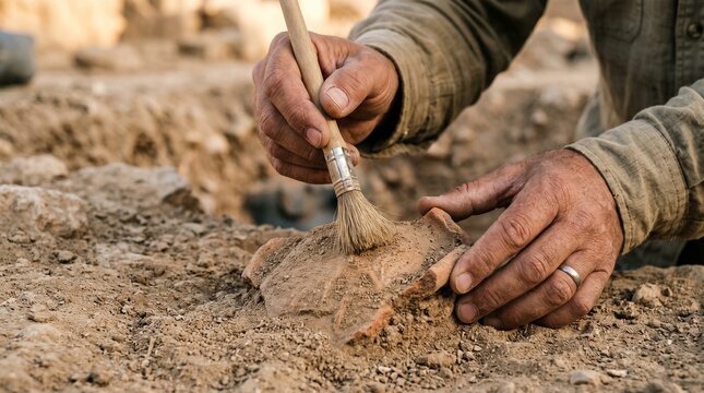 An archaeologist carefully brushes soil from a partially uncovered ceramic fragment at a dry excavation site. The image represents archaeology, cultural heritage, fieldwork, and historical discovery.