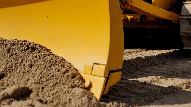Close-up of a yellow bulldozer blade pushing sand. Heavy machinery leveling the ground at a construction site. Earthmoving equipment in action
