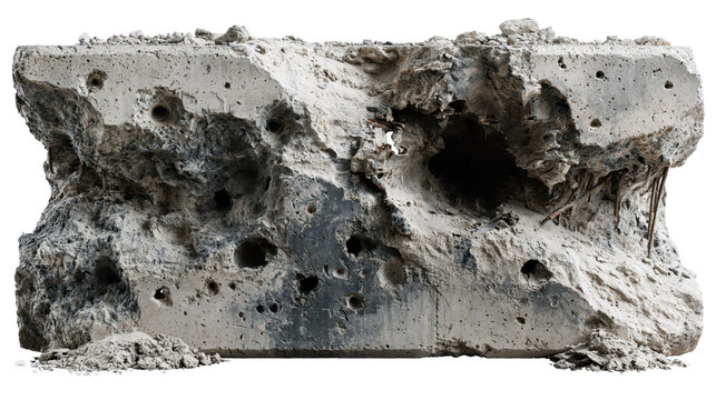 Demolished and Fractured Broken Concrete Debris. Large Broken Concrete Block with Exposed Rebar, transparent background. Alpha channel.