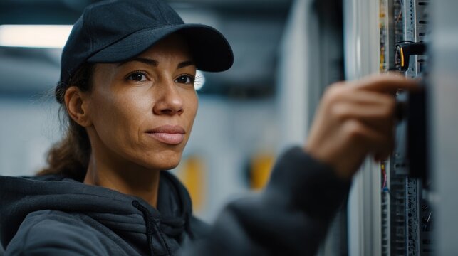 Female electrician working on industrial fuse box, wearing protective clothing, modern tech environment.