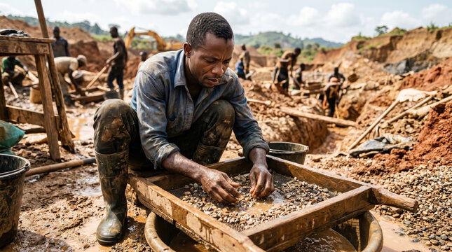 African male miner washing gravel in a wooden sieve at a muddy open-pit mine. Man sorting wet dirt searching for rough diamonds. Artisanal manual labor and mineral extraction industry