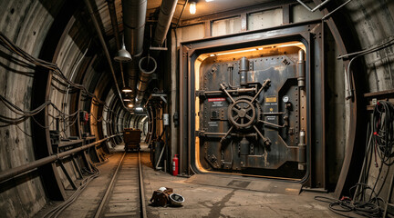 Fototapeta premium Heavy steel vault door in an underground concrete tunnel. Industrial bunker entrance with locking mechanism and railway tracks. Security and protection in a secret facility