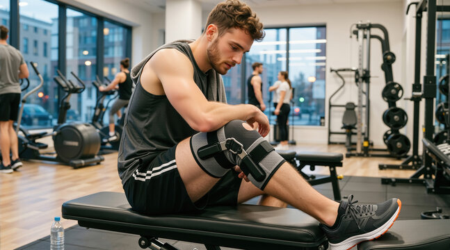 Young man with a knee brace sitting on a gym bench. Male athlete focused on injury recovery and rehabilitation. Fitness and health concept