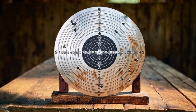 after practicing in the range i was able to see a used round steel shooting target on a wooden block stand with fresh and old bullet marks