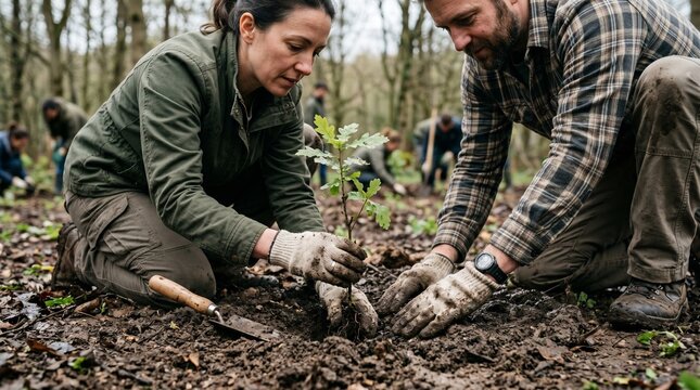 Adult volunteers plant a young tree together in moist soil during a community reforestation activity. The image represents climate action, environmental care, and local community cooperation.