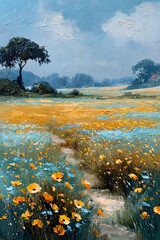 Fototapeta premium Serene country landscape painting showing a dirt path winding through a vibrant field of yellow and blue wildflowers
