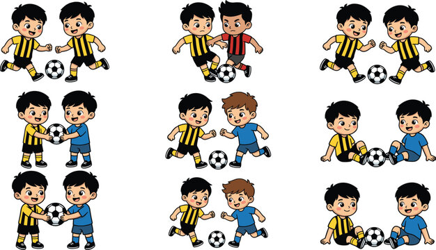 Diverse set of cartoon boys playing soccer tackling passing and sitting together with footballs