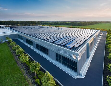 aerial view of modern data center facility exterior with solar panels on the roof and green space around it the building is large in size featuring sleek grey metal cladding and glass windows