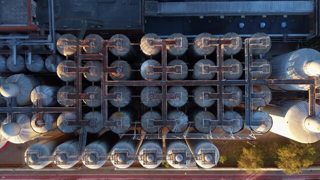 Top-down perspective of rows of large insulated industrial storage tanks connected by metal framework at a chemical or energy processing facility