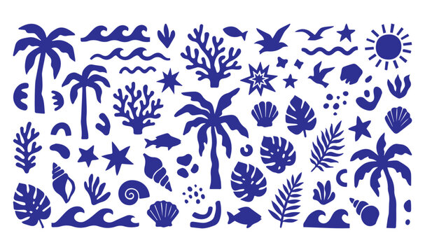 Surf elements set with abstract waves,seashells,coral,sun motifs,coastal symbols,organic shapes and forms.Summer tropical clipart for surf branding,logos,beach posters,packaging,stickers,social media