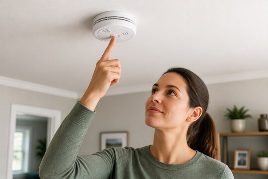 Woman testing smoke detector on residential ceiling