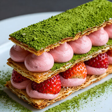 Extreme macro of a layered mille-feuille highlighting the ultra-flaky golden pastry, rich pink fermented strawberry cream, and a heavy dusting of vibr