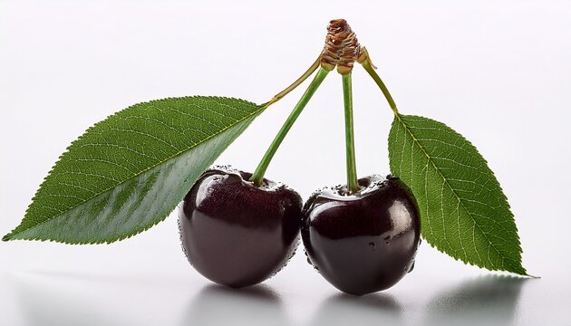 two black cherries with leaf white background