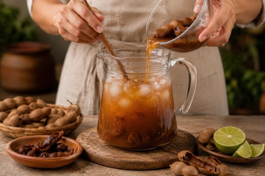 Zubereitung von Agua de Tamarindo: Tamarindenfrucht und Sud werden von Hand in einen Krug mit Eis gegossen, w&auml;hrend Limetten und Schoten die authentische Szene erg&auml;nzen.