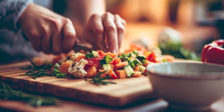 Close-up of hands chopping mixed vegetables on wooden board
