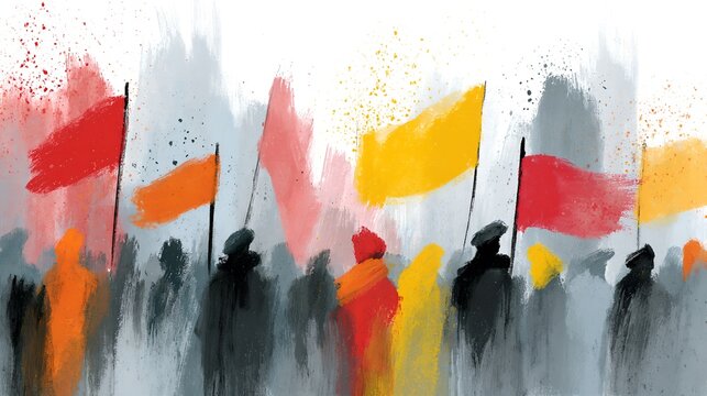Vibrant flags waved by unseen figures