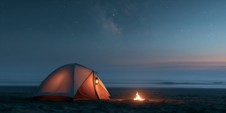 Campfire and tent under stars on quiet beach at night