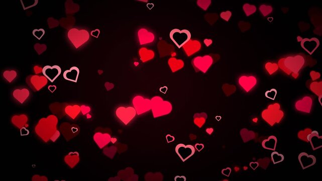 Abstract red hearts floating on a dark background.