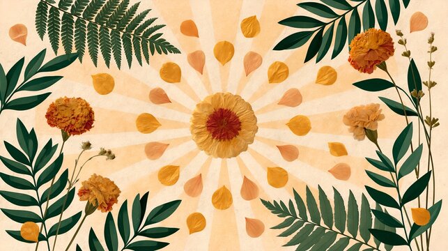 Sunburst floral design featuring marigolds and ferns