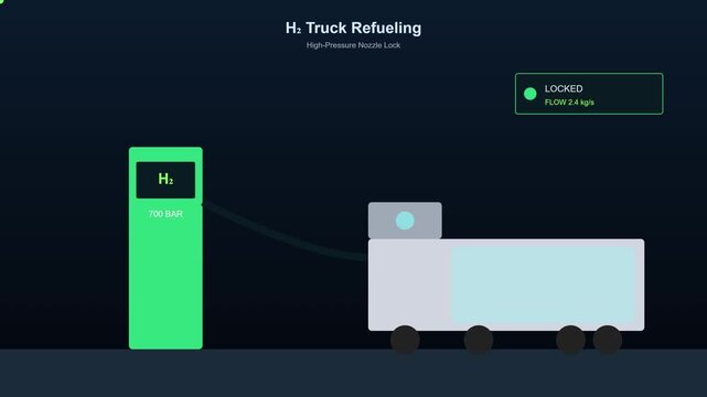 Hydrogen fuel cell truck refueling animation: 700 bar high-pressure system process green energy