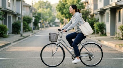 Naklejka premium Young woman riding silver bicycle through quiet residential city street