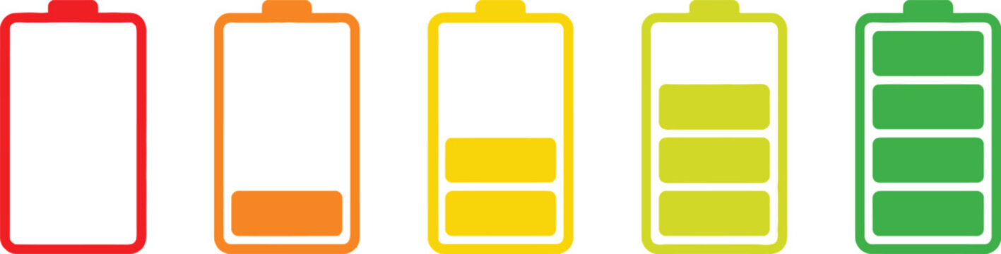 Set of colorful battery charge level icons showing energy capacity from empty to full
