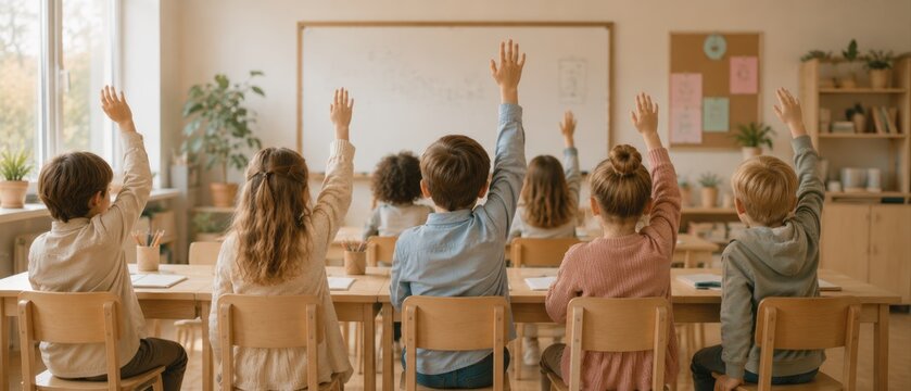 Elementary school students raising their hands during a lesson in a bright classroom, representing back to school learning, participation, curiosity and active education