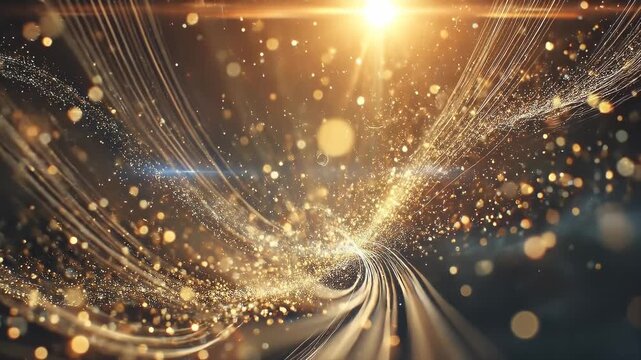 Abstract golden particles and light streaks flowing dynamically in a dark background