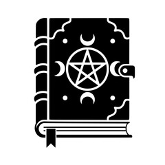 Fototapeta premium Black silhouette of a mystical spell book with pentagram, isolated on a transparent background. Perfect for occult themes.