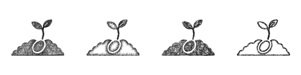Obraz premium Black and white sketch seed germination icon design set