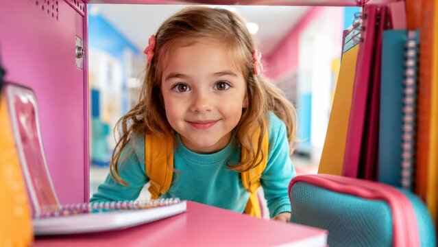 Happy young schoolgirl with a yellow backpack smiling through an open pink locker filled with notebooks and school supplies, creating a cheerful back to school concept about new beginnings